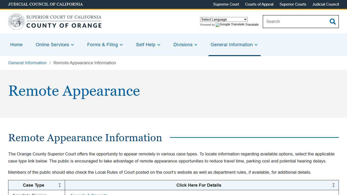 Remote Appearance Information Superior Court of California County of Orange